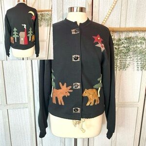 Rustic Wilderness Moose Bear Cardigan Tree Cabin Sweater Womens Black Large